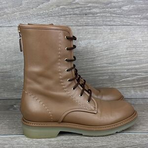 MaxMara Hazelnut Brown Calfskin Women’s Sz 8/EU 38 Rear Zip Lace Up Combat Boots